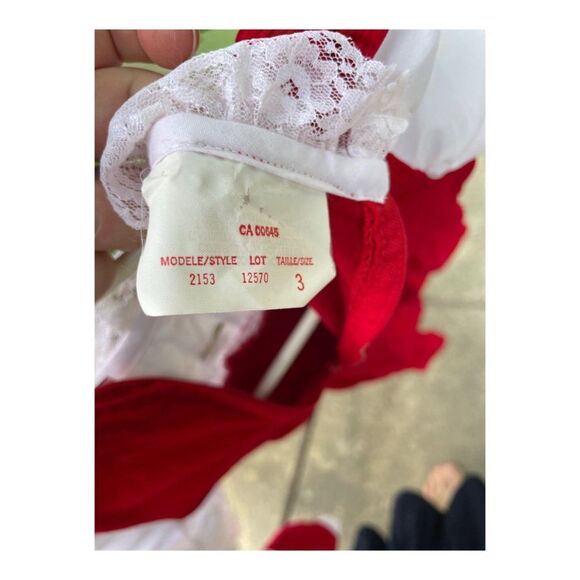 Vintage 80s Red Velvet Corduroy Romper Suit Formal White Lace One Piece Sz 3 - Picture 13 of 14